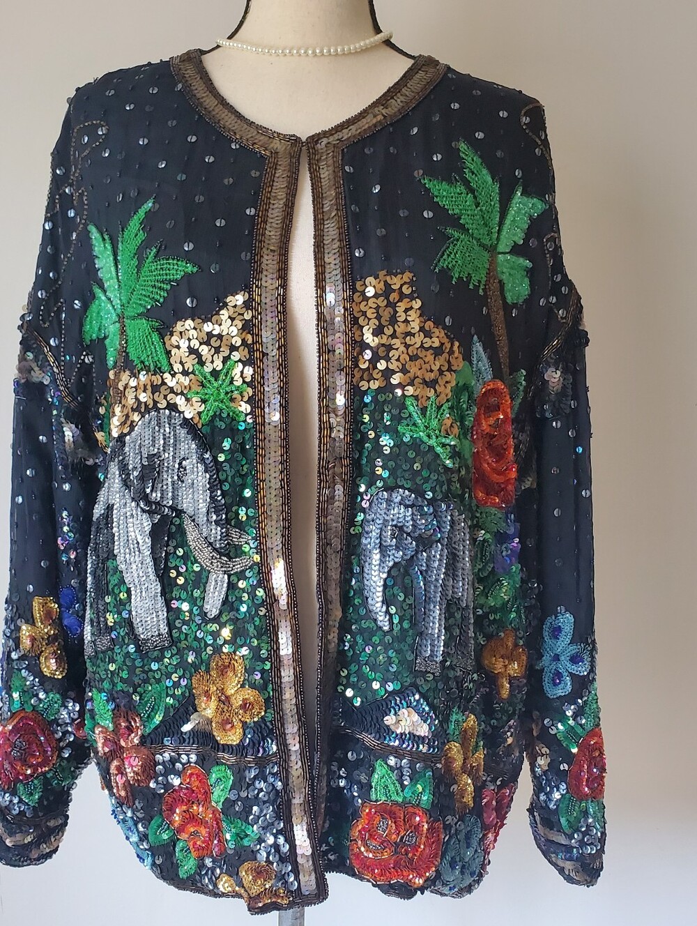 Vintage Together Colorful Beaded Sequin Elephant Silk Jacket Size M